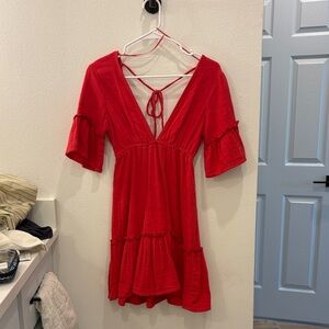 Billabong Red Textured V-Neck Tie-Back Top